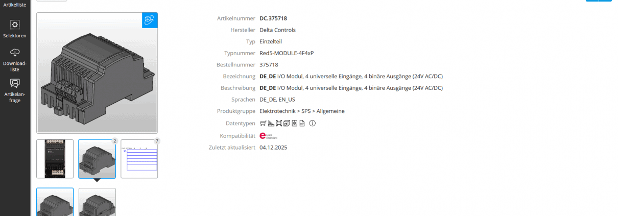 Produktansicht mit technischen Daten im Data Portal von EPLAN