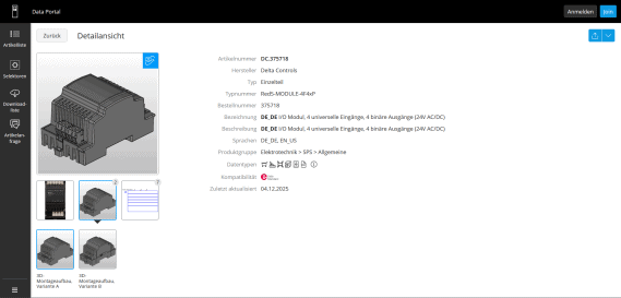 Produktansicht mit technischen Daten im Data Portal