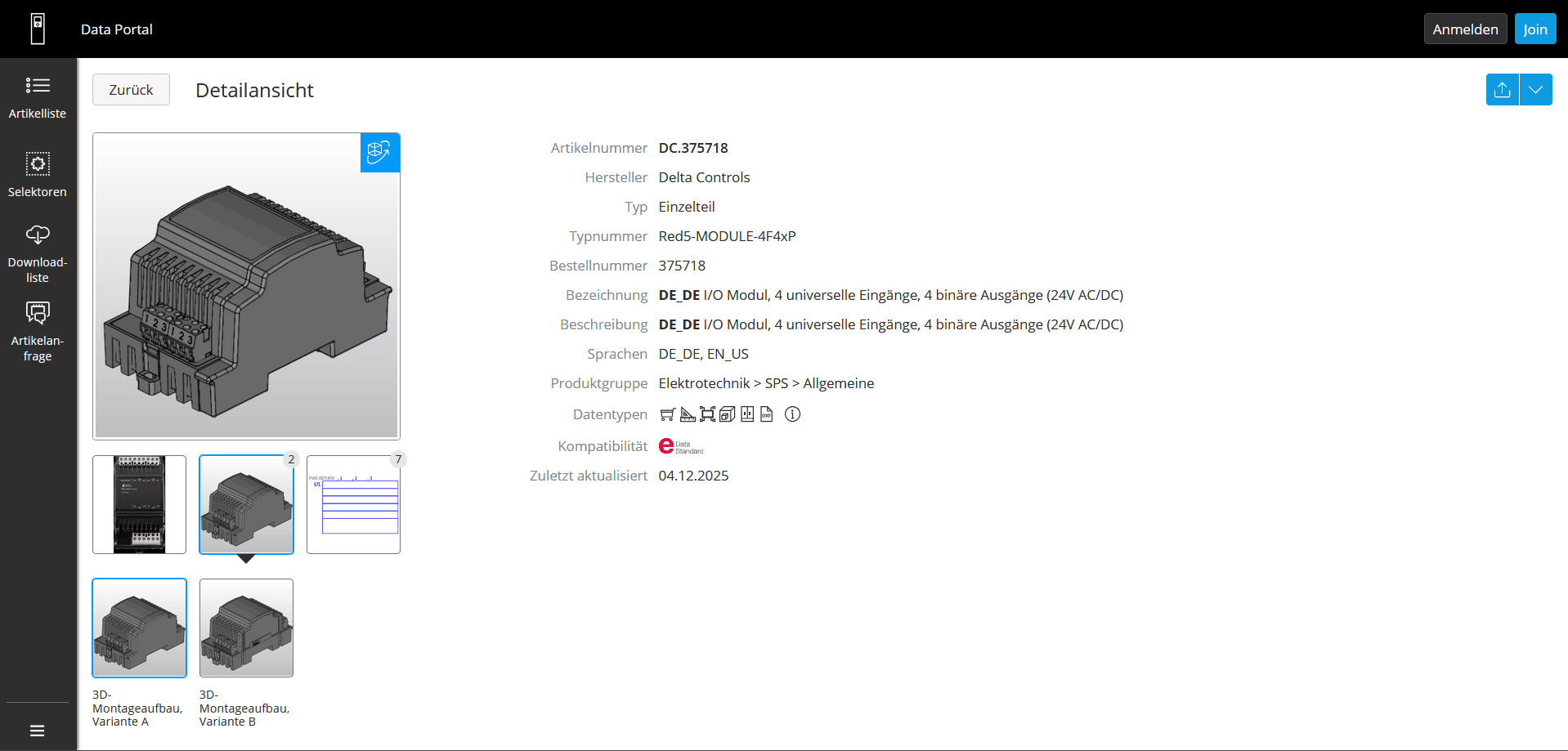Produktansicht mit technischen Daten im Data Portal