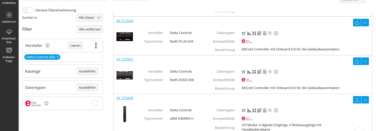 EPLAN Data Portal mit Delta Controls Produktauswahl